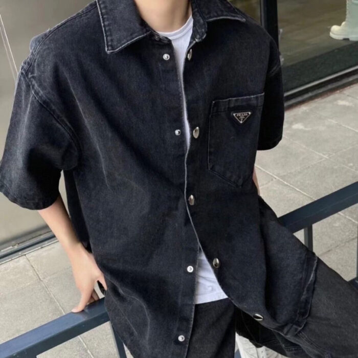 Shirt Prada Black Denim Button-Up Logo PD041 - Image 6